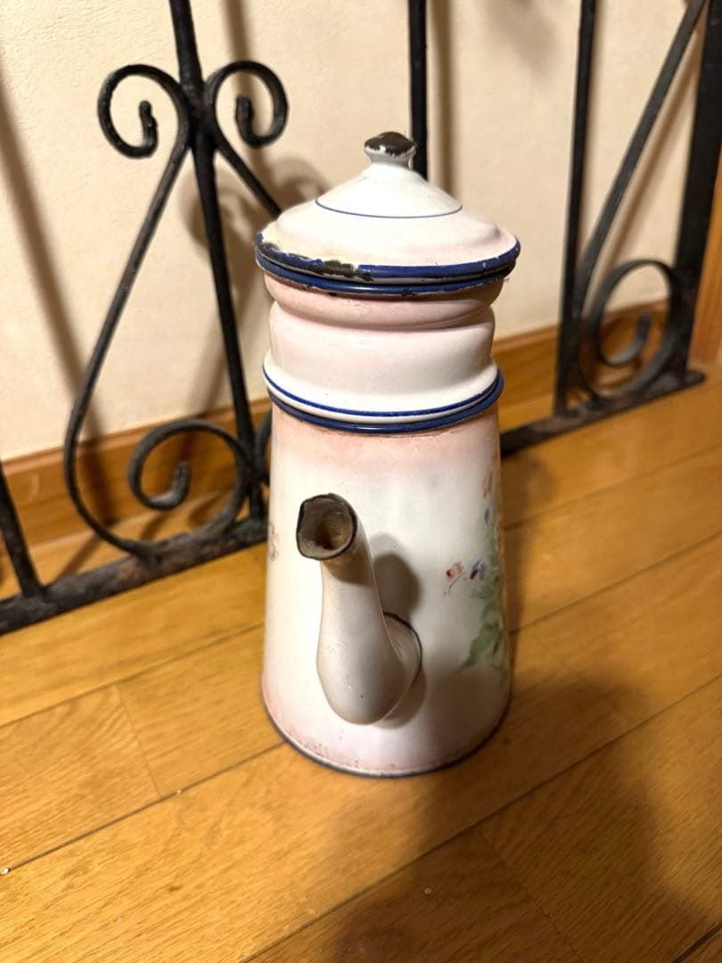 japy社 ホーロー勿忘草＊コーヒーポット ピンク アンティーク＊ブロカント