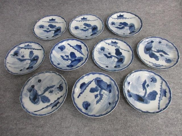 伊万里焼染付琵琶湖浮御堂図小皿10枚 [B25819]