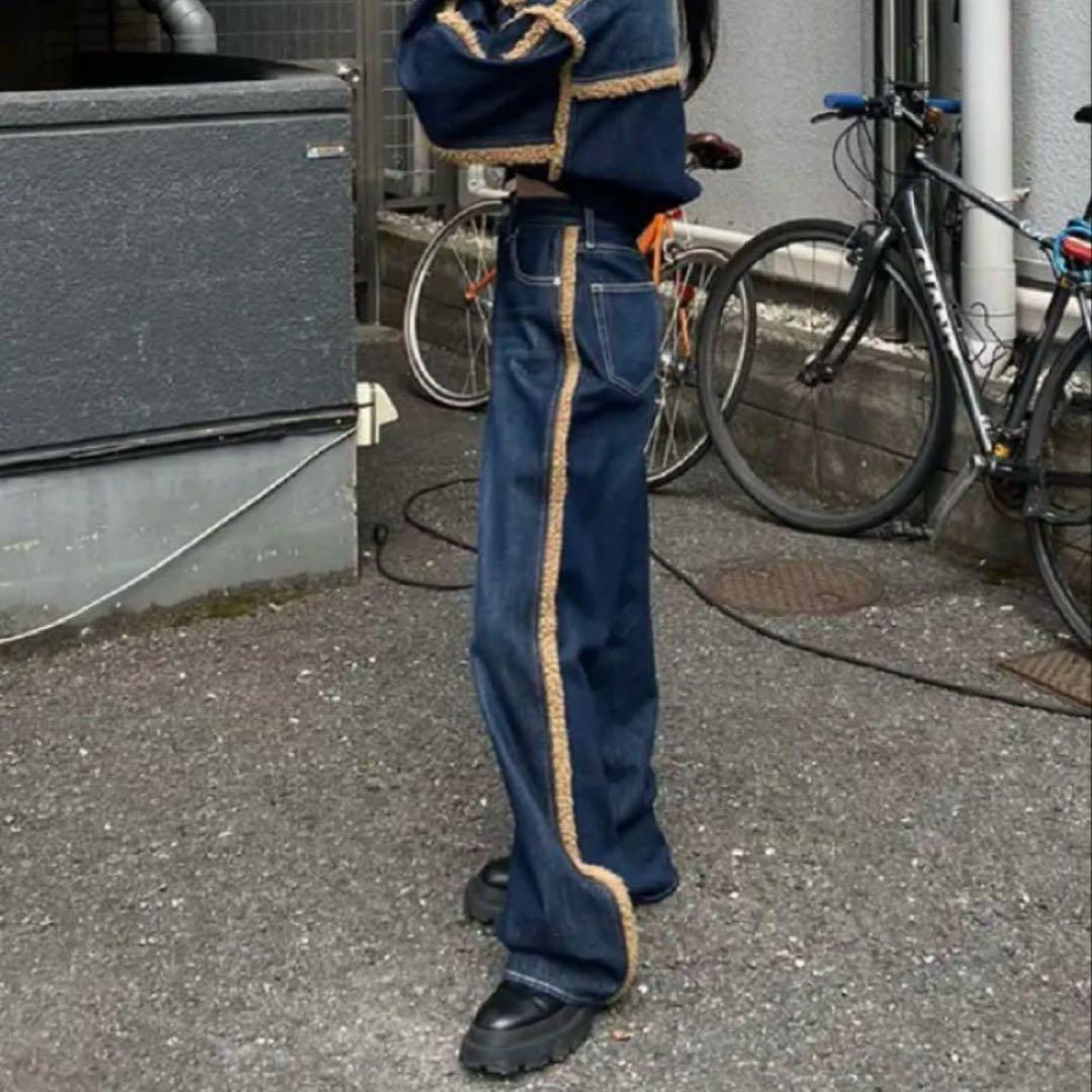 EVRIS エヴリス ボアステッチ ワイド デニム パンツ サイドデザイン M