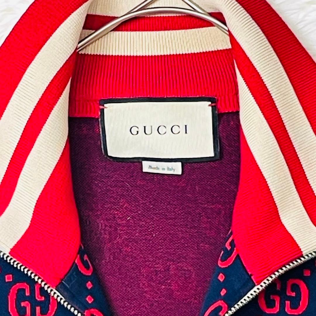 GUCCI GG総柄 ジャカード トラックジャケット ネイビー×レッド Lサイズ