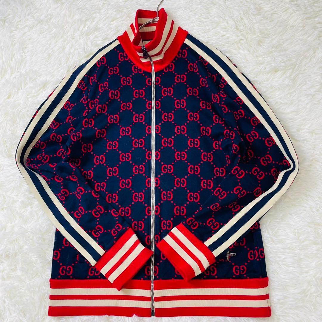 GUCCI GG総柄 ジャカード トラックジャケット ネイビー×レッド Lサイズ