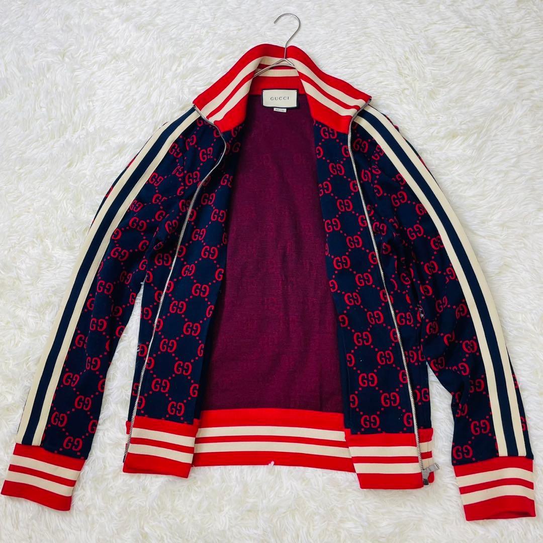 GUCCI GG総柄 ジャカード トラックジャケット ネイビー×レッド Lサイズ