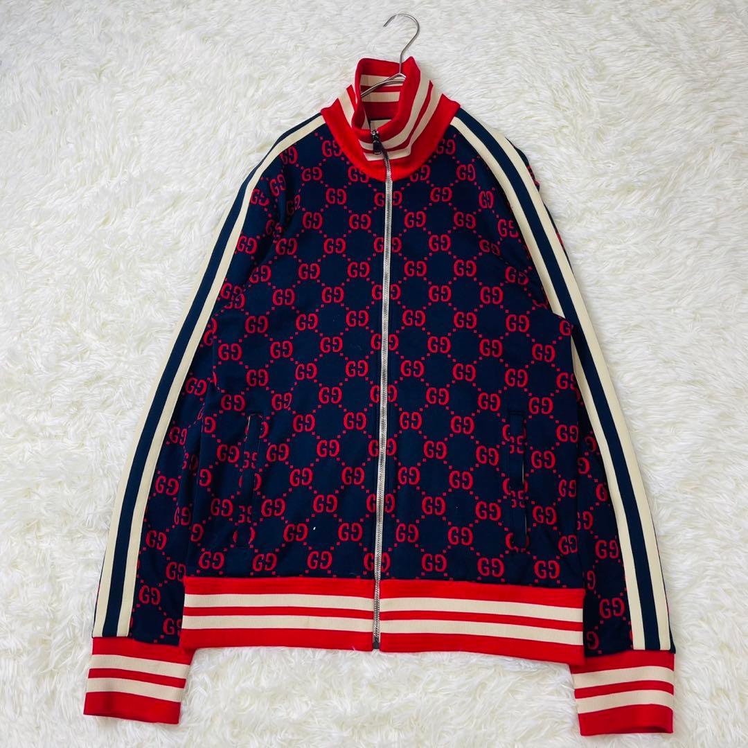GUCCI GG総柄 ジャカード トラックジャケット ネイビー×レッド Lサイズ