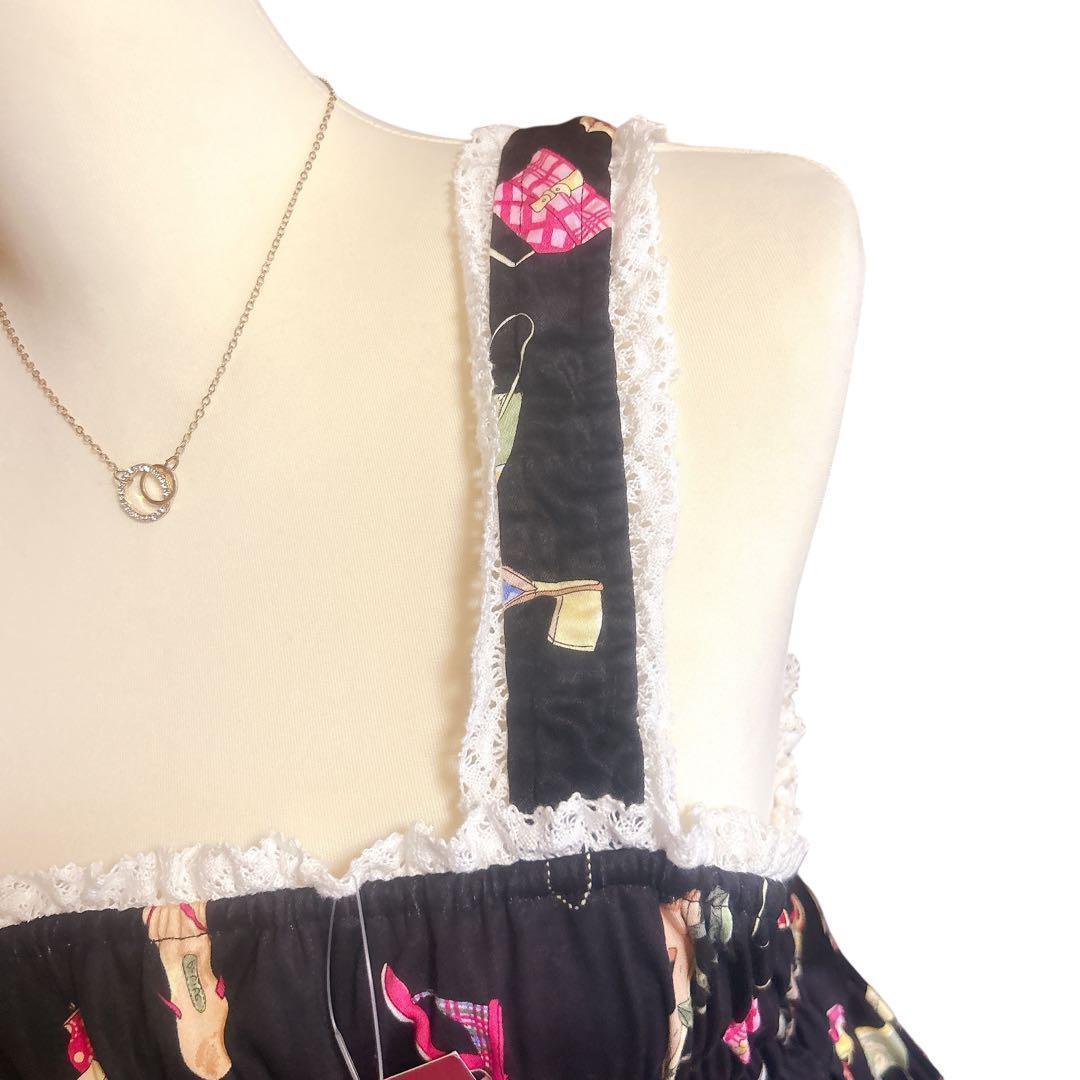 BODYLINE 新品タグ付き リボン ワンピース 黒×総柄 Fロリータ