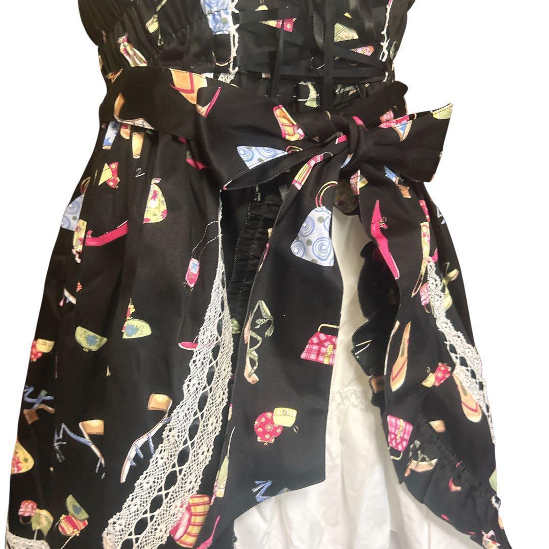 BODYLINE 新品タグ付き リボン ワンピース 黒×総柄 Fロリータ