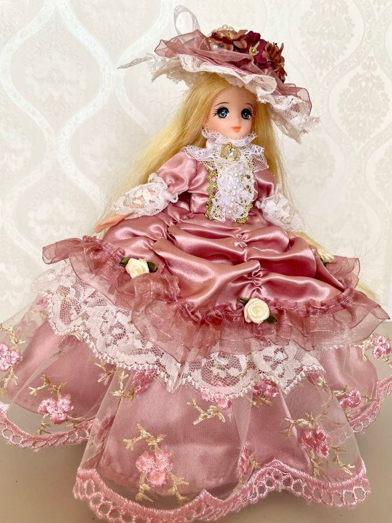 リカちゃん服　ドレープドレス　ピンク✖️レース　ハンドメイド