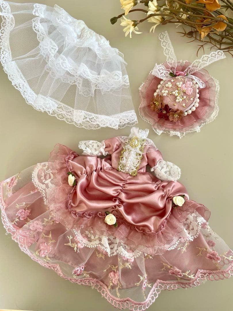 リカちゃん服　ドレープドレス　ピンク✖️レース　ハンドメイド