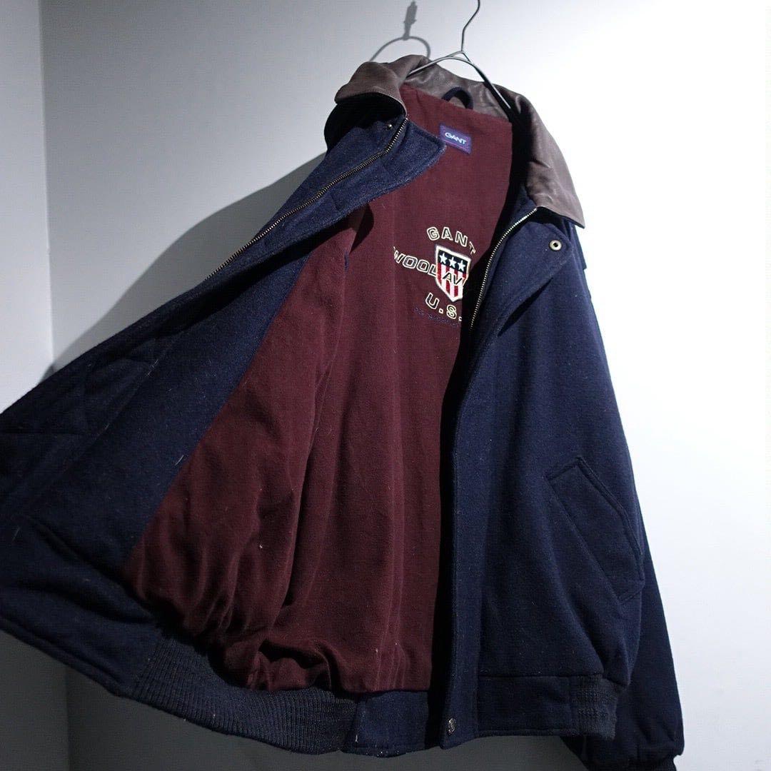 90s GANT レザー襟 ウールブルゾン オーバーサイズ ネイビー短丈