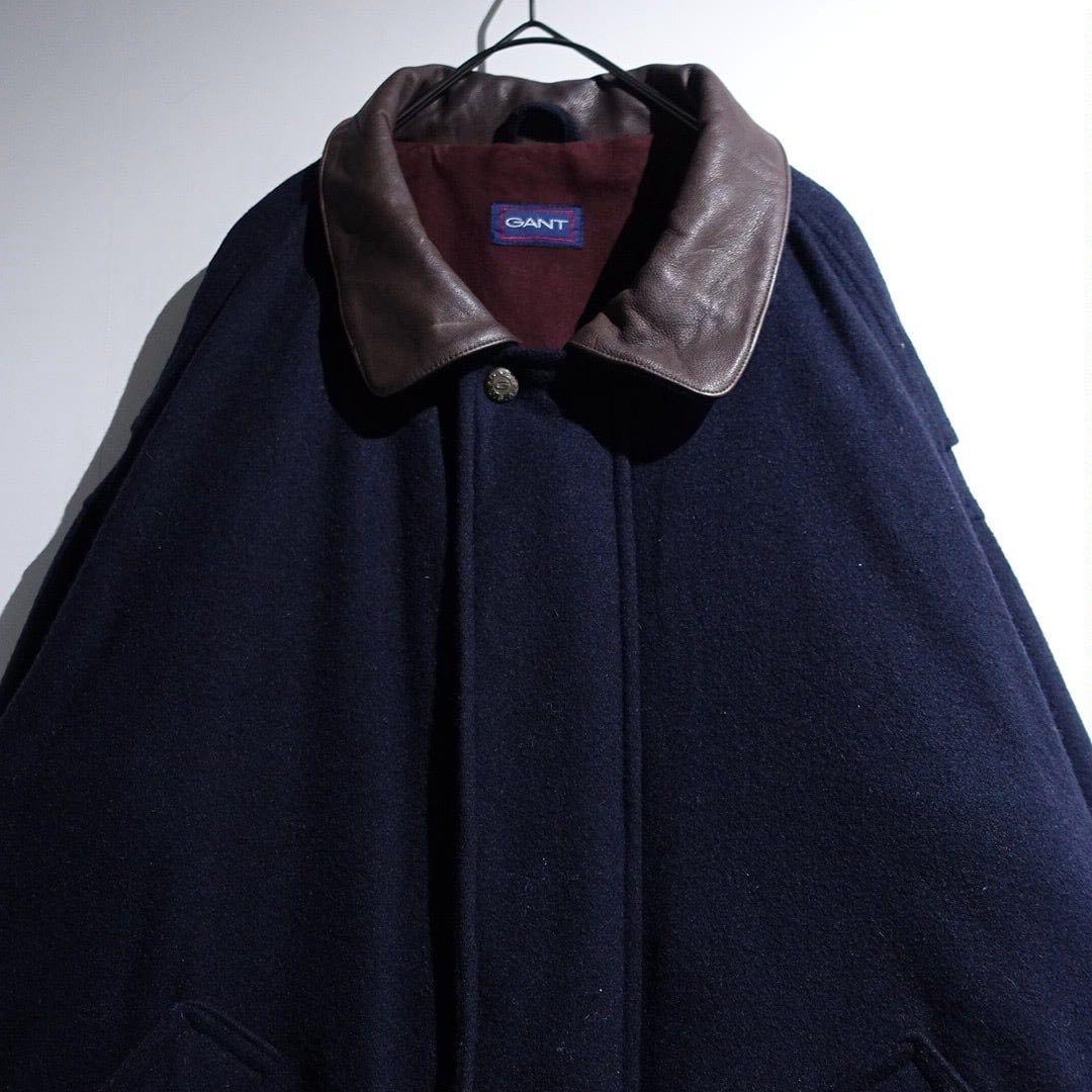90s GANT レザー襟 ウールブルゾン オーバーサイズ ネイビー短丈