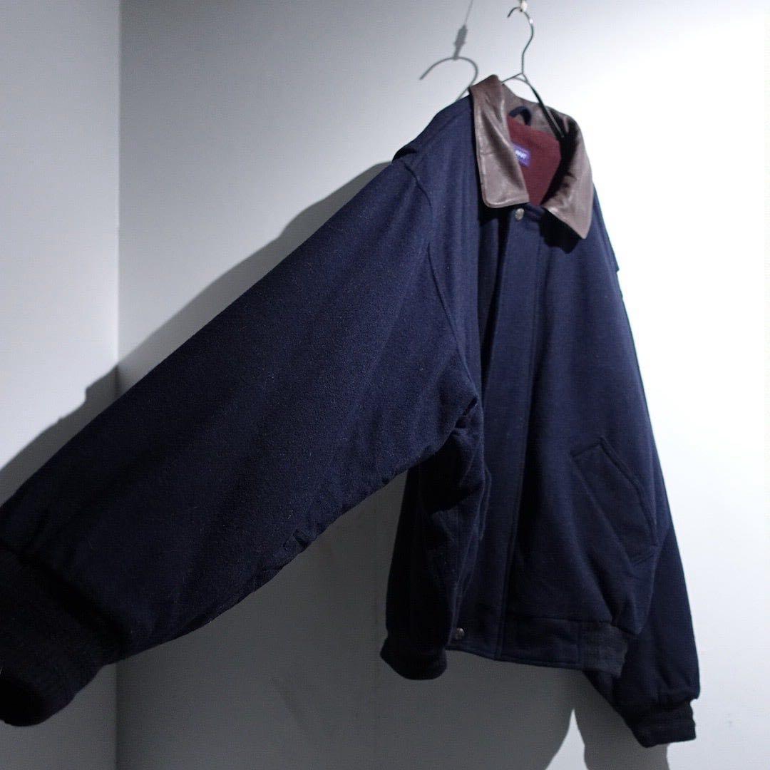 90s GANT レザー襟 ウールブルゾン オーバーサイズ ネイビー短丈