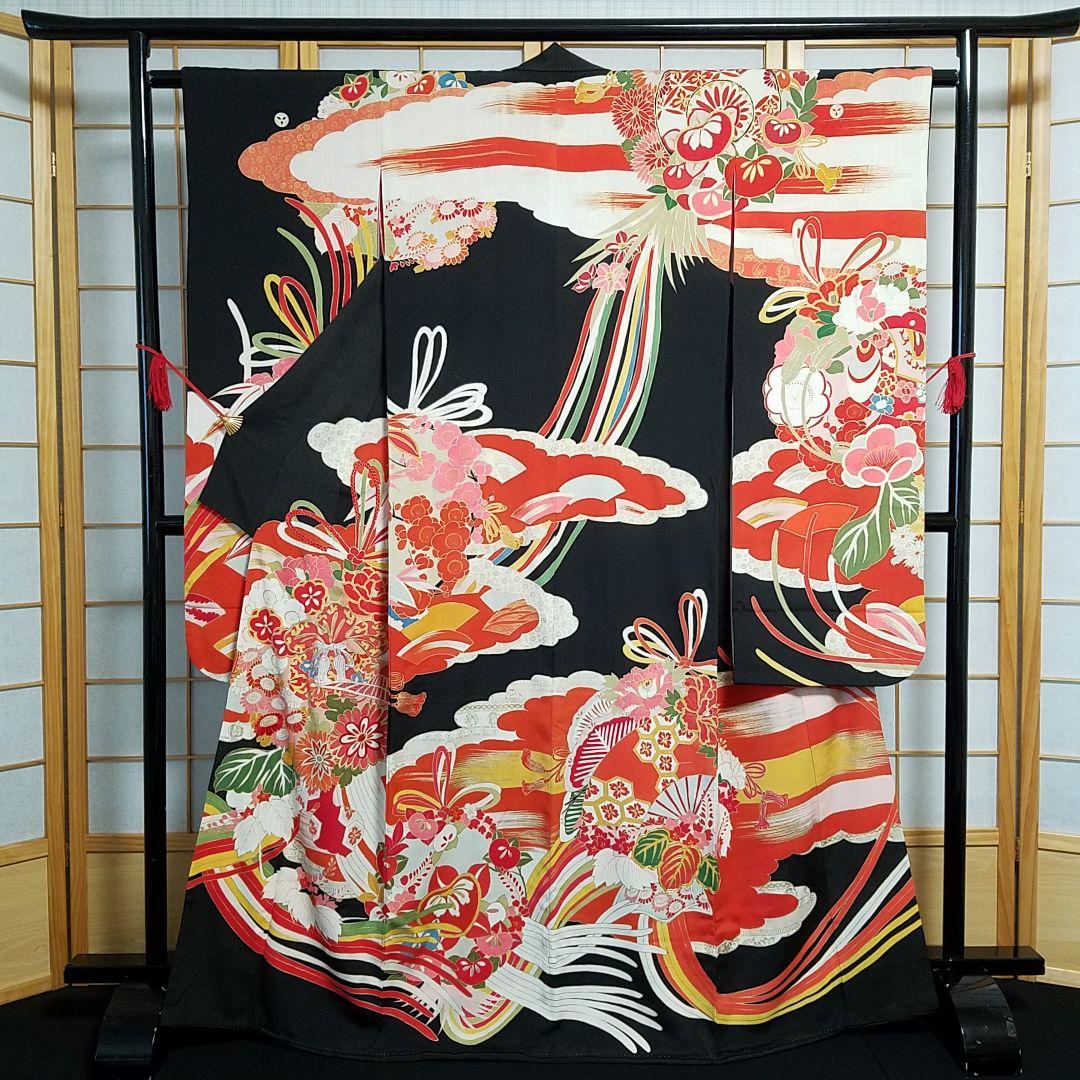 【予約済】Y1【着物と帯 京月花】 ■アンティーク時代刺繍友禅黒振袖袷広衿■