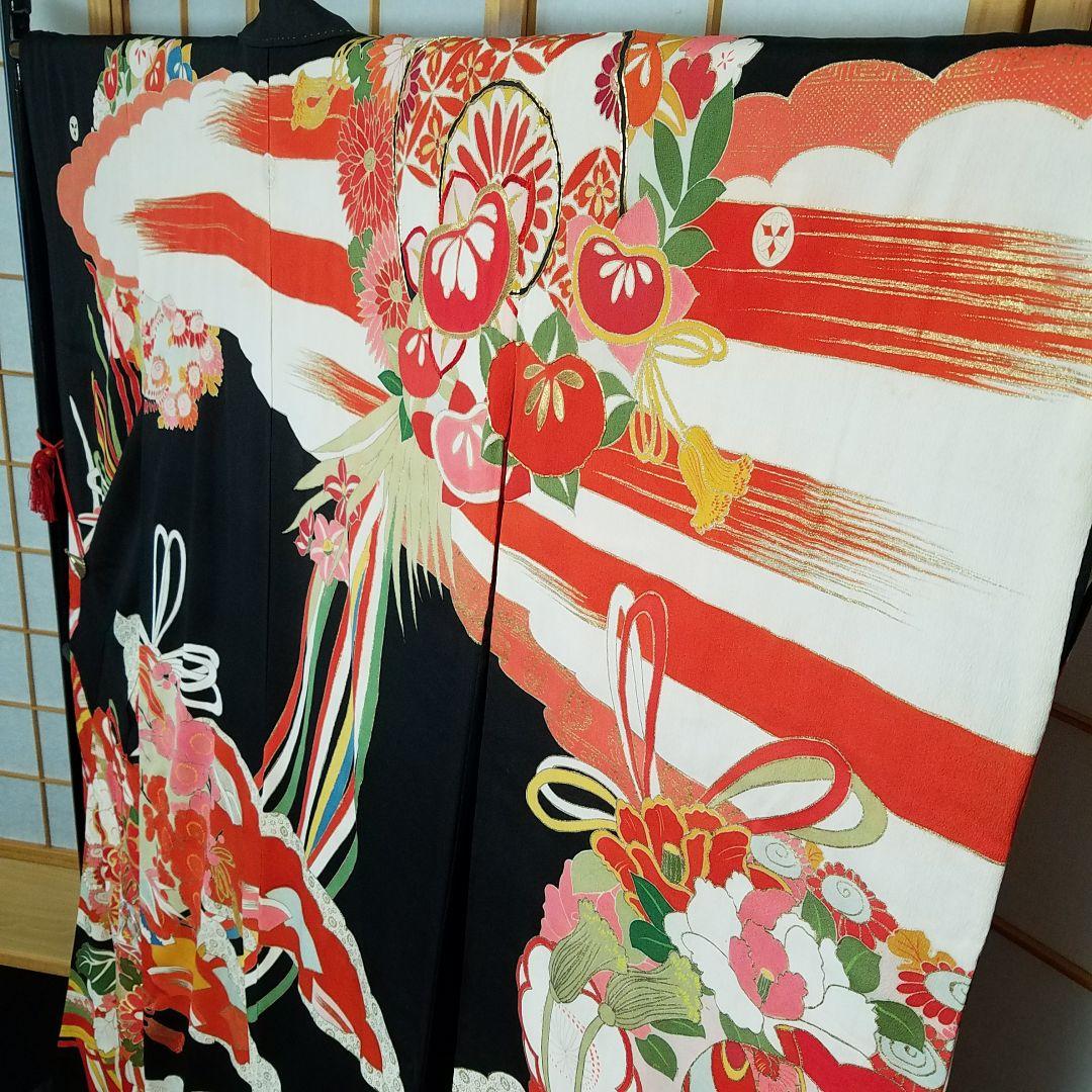 【予約済】Y1【着物と帯 京月花】 ■アンティーク時代刺繍友禅黒振袖袷広衿■