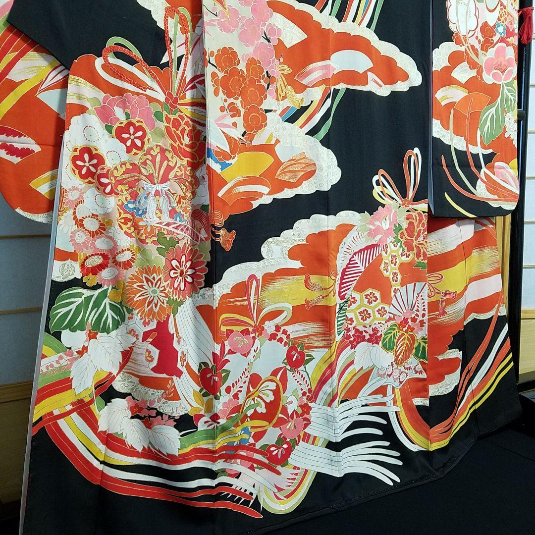 【予約済】Y1【着物と帯 京月花】 ■アンティーク時代刺繍友禅黒振袖袷広衿■