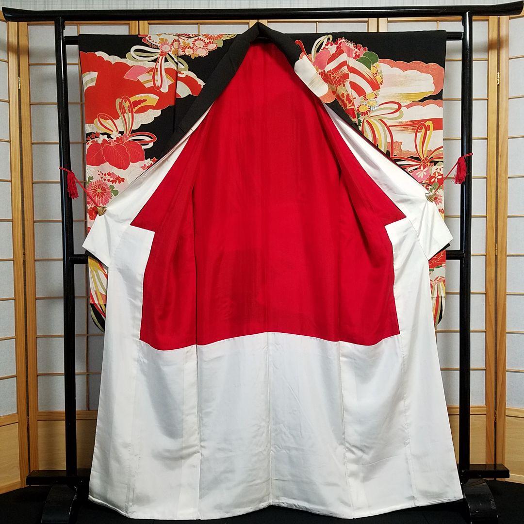 【予約済】Y1【着物と帯 京月花】 ■アンティーク時代刺繍友禅黒振袖袷広衿■