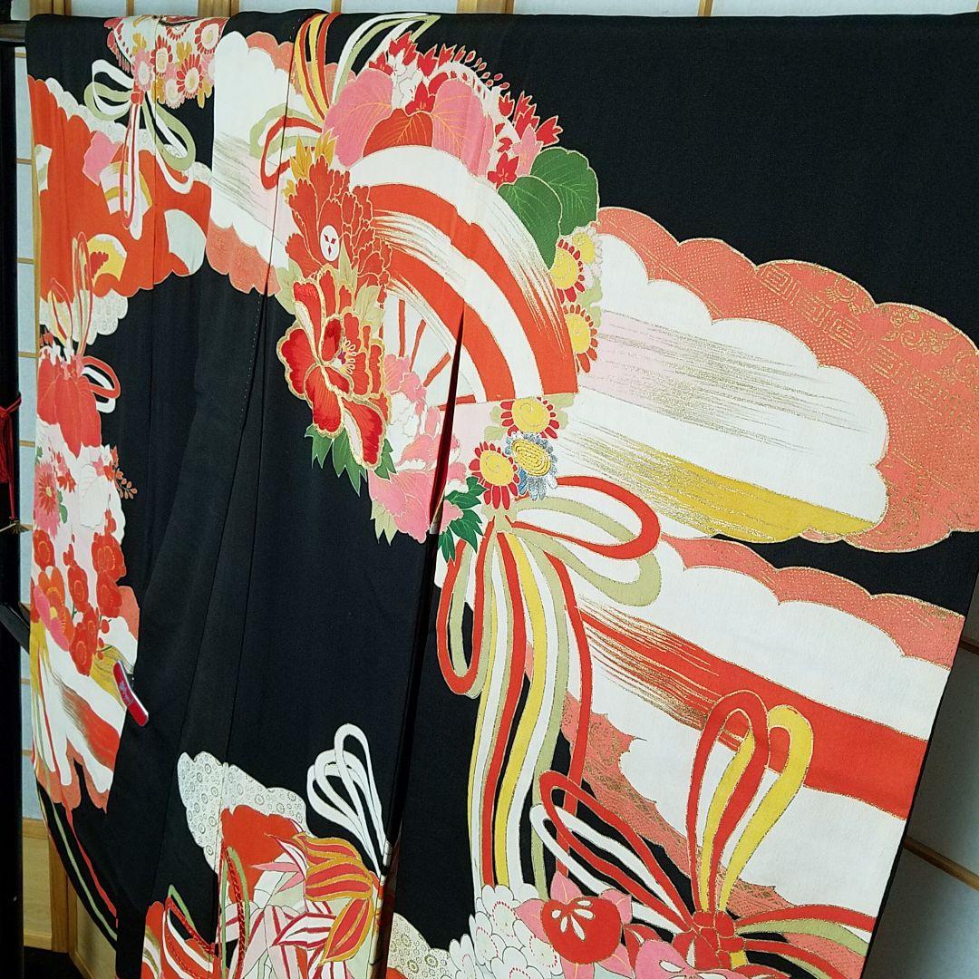 【予約済】Y1【着物と帯 京月花】 ■アンティーク時代刺繍友禅黒振袖袷広衿■