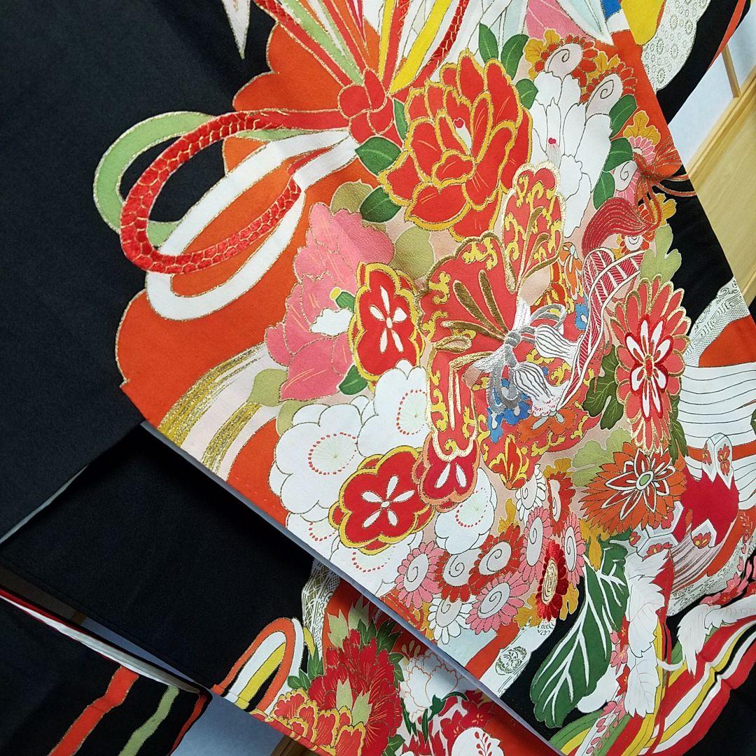 【予約済】Y1【着物と帯 京月花】 ■アンティーク時代刺繍友禅黒振袖袷広衿■