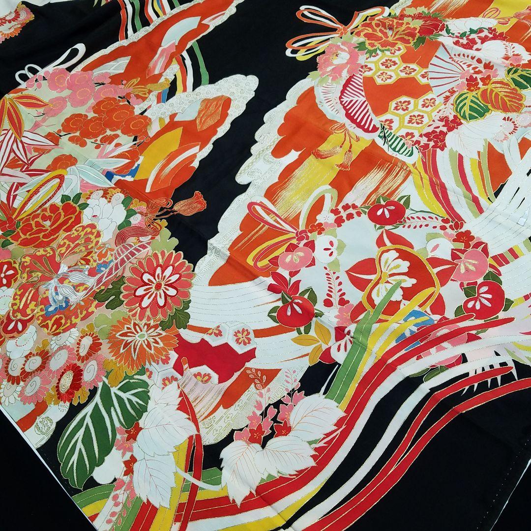 【予約済】Y1【着物と帯 京月花】 ■アンティーク時代刺繍友禅黒振袖袷広衿■