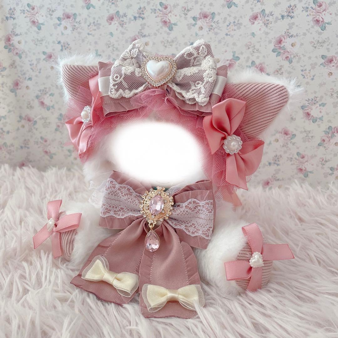 １２cm♡いつぬいちびぐるみサイズ♡おすわりぬい服♡ねこの着ぐるみ♡ピンク