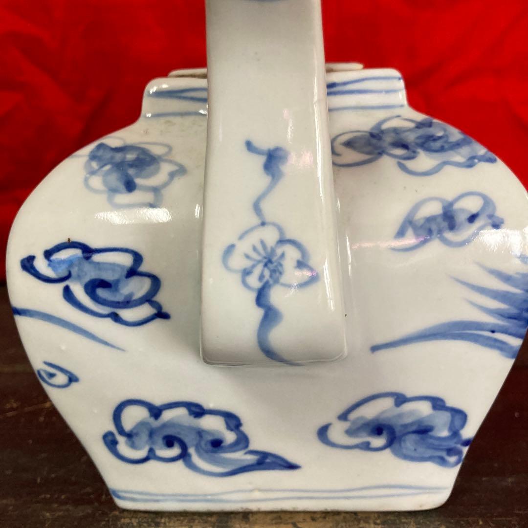 李朝　染付　四方面取水注　急須　雲鶴図
