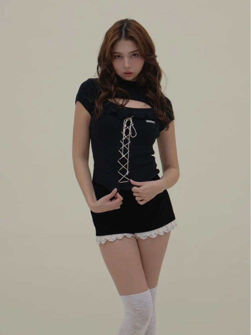 トップス andmary Fleur frill knit tops black