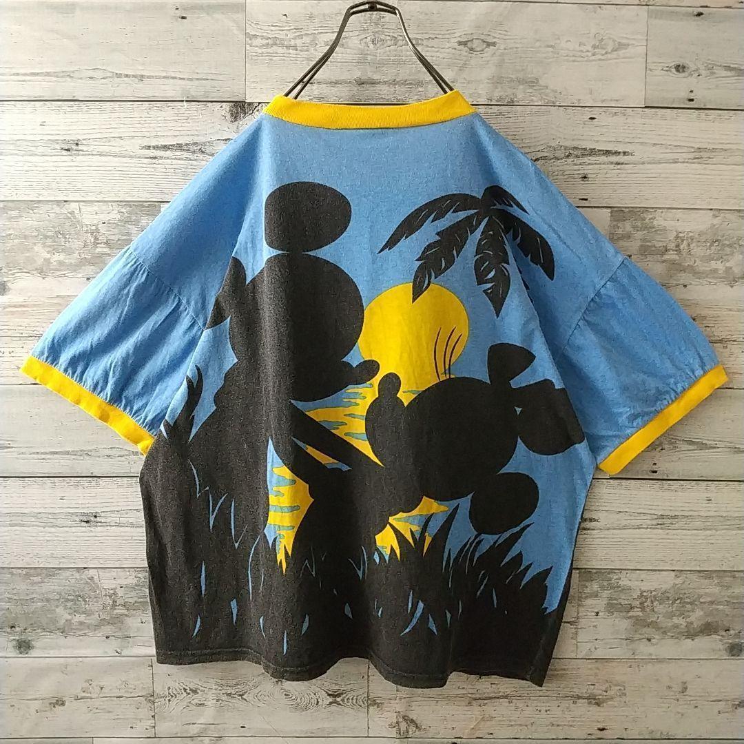雰囲気抜群☆ディズニー ミッキー ミニー 両面プリント リンガーネック Tシャツ