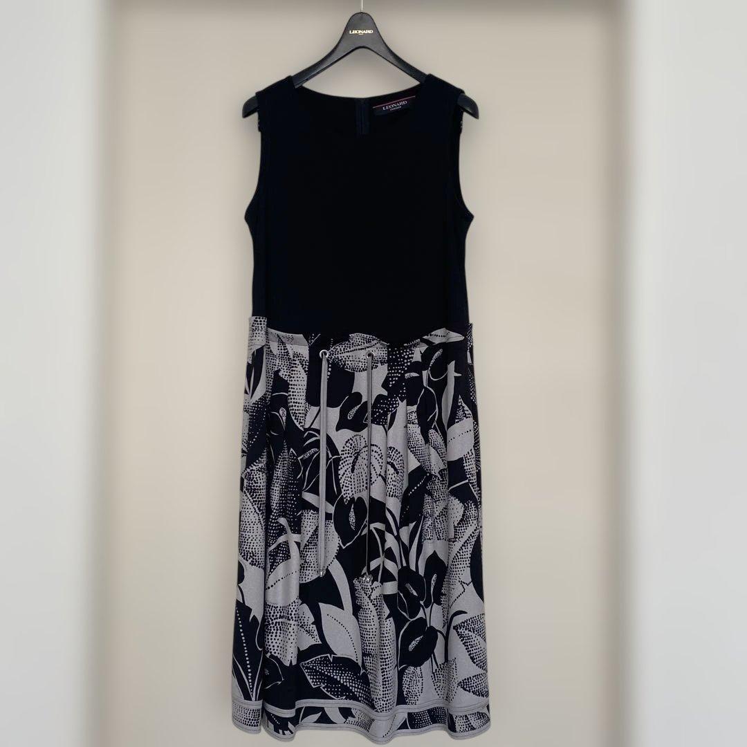 【美品】レオナールLEONARD ノーカラージャケットワンピース　黒グレー　40