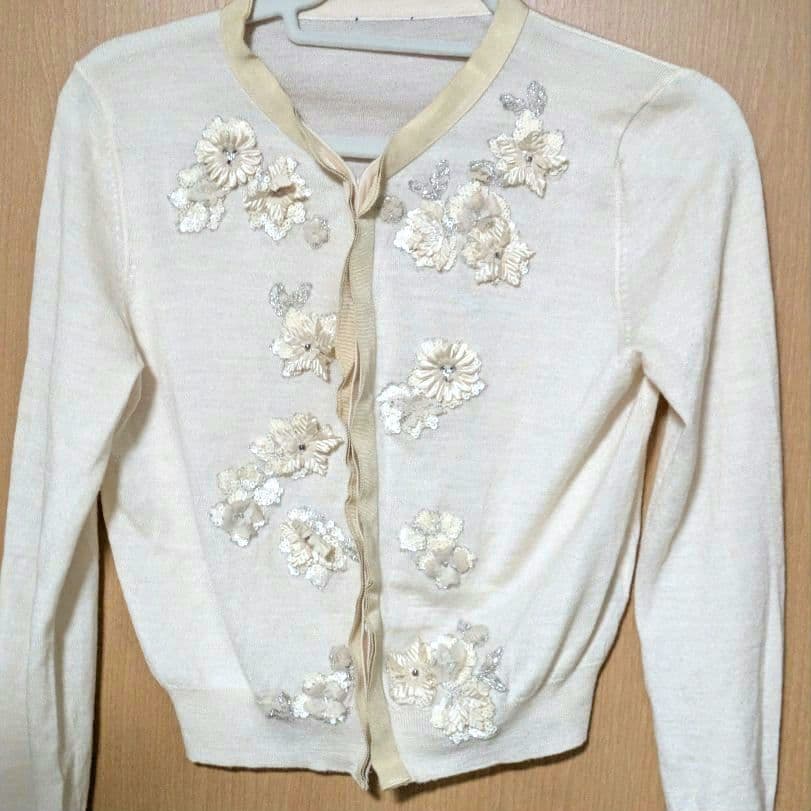 LANVIN カーディガン 7分袖 花柄刺繍 ベージュ 40
