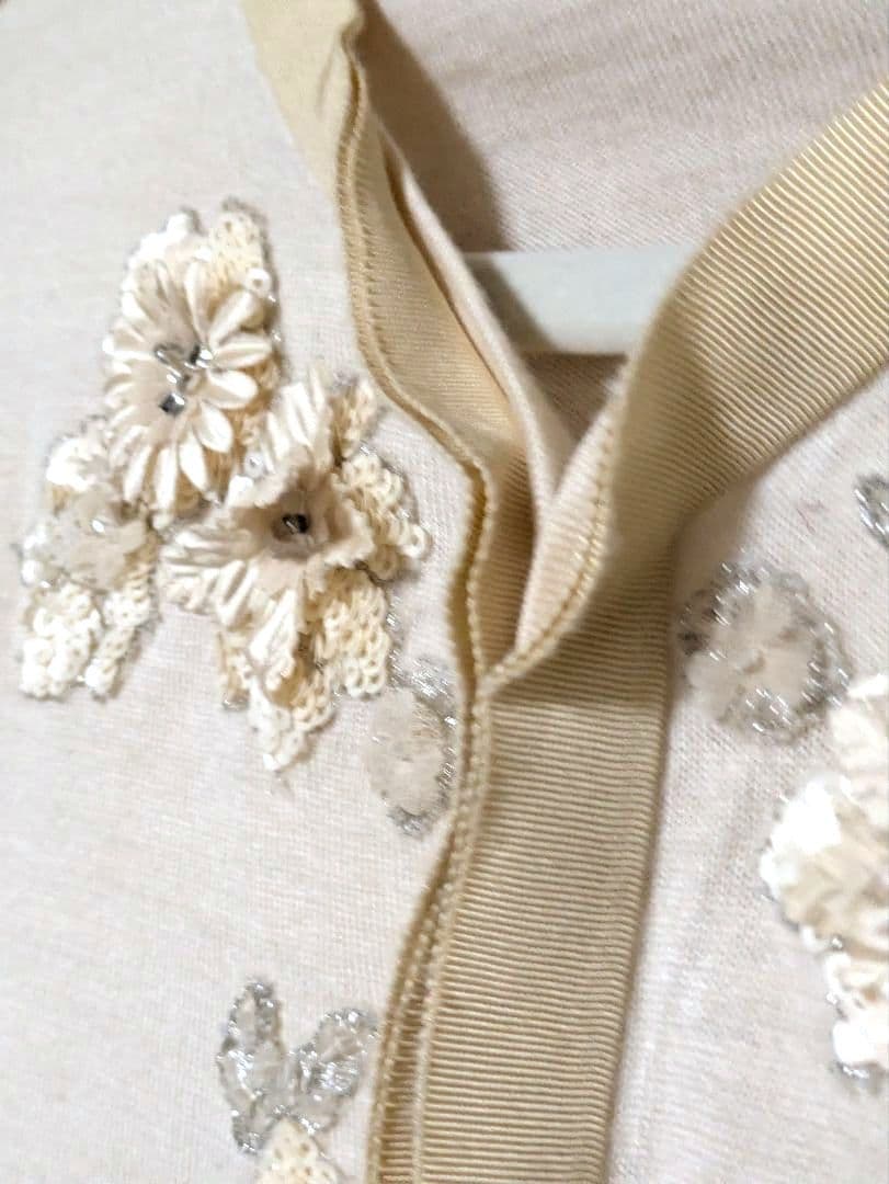 LANVIN カーディガン 7分袖 花柄刺繍 ベージュ 40