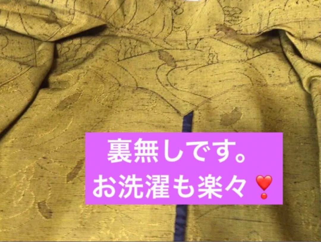手作りロングコート　アウター　和服リメイク　ウグイス色　襟大きく　モダン