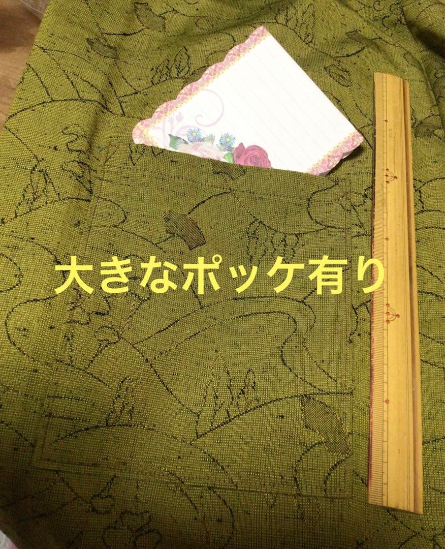 手作りロングコート　アウター　和服リメイク　ウグイス色　襟大きく　モダン