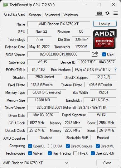 グラフィックボード・グラボ・ビデオカード ASUS Dual RX 6750 XT OC 12GB GDDR6