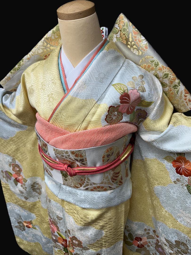 千總 桶絞り刺繍パステルカラー 振袖 川島織物袋帯フルセット