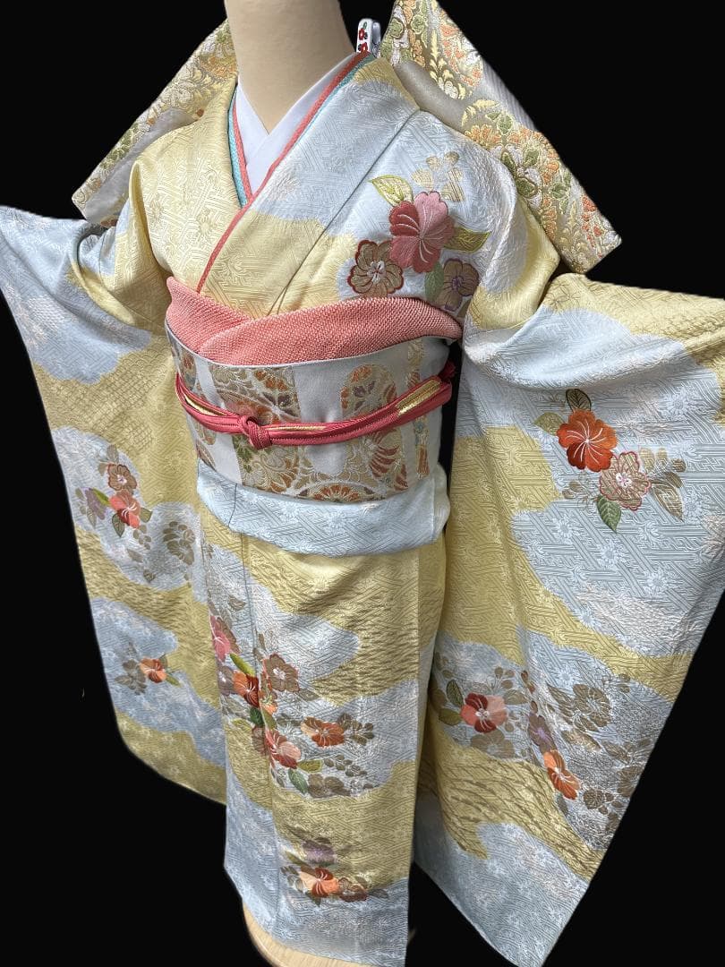 千總 桶絞り刺繍パステルカラー 振袖 川島織物袋帯フルセット