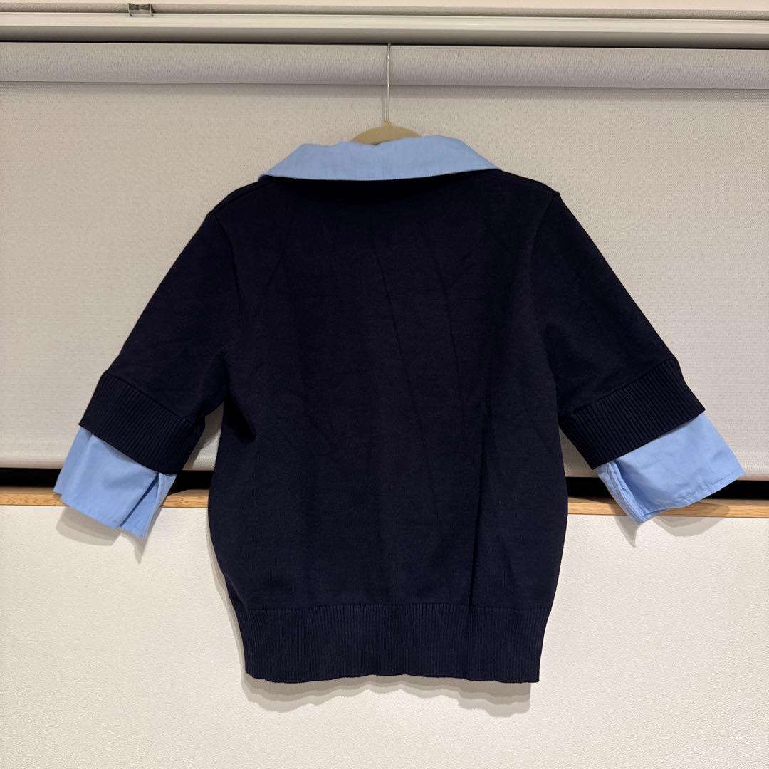 Chico 刺繍入り襟付きポロニット 5分袖　ネイビー