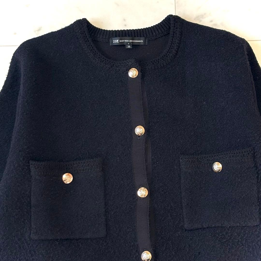 美品23区 【洗える】ミニブークレニット カーディガン ブラック38