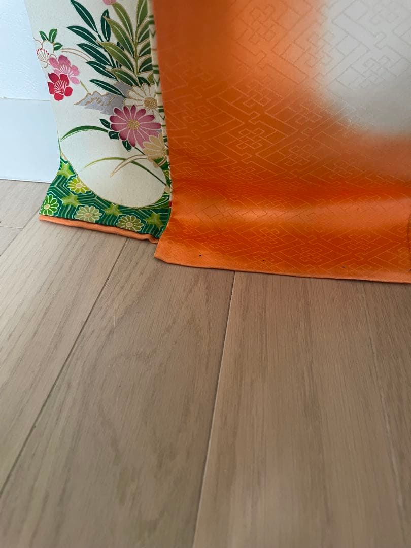 緑色 花柄振袖と帯セット