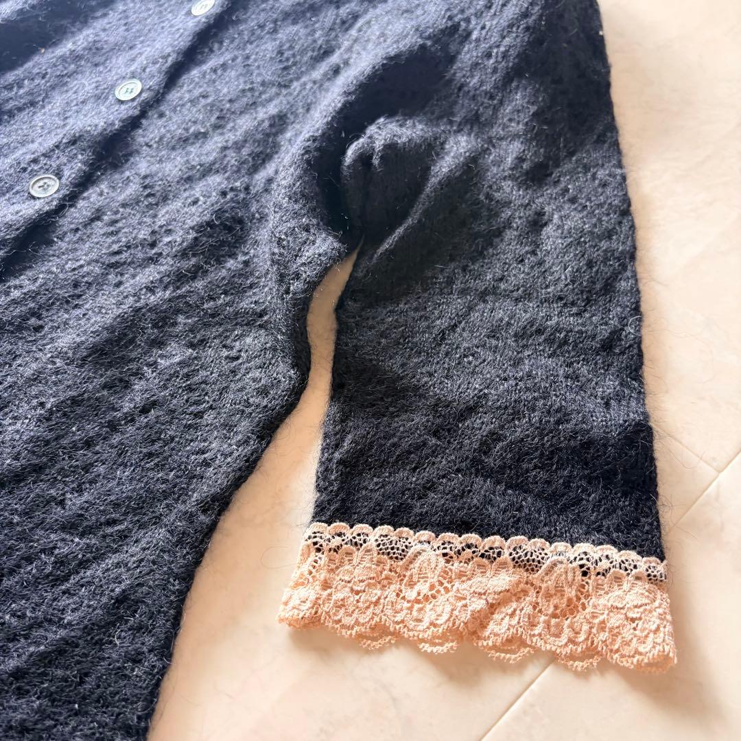 NO.5-153 D&G レース編みカーディガン丸襟　七分袖　モヘア