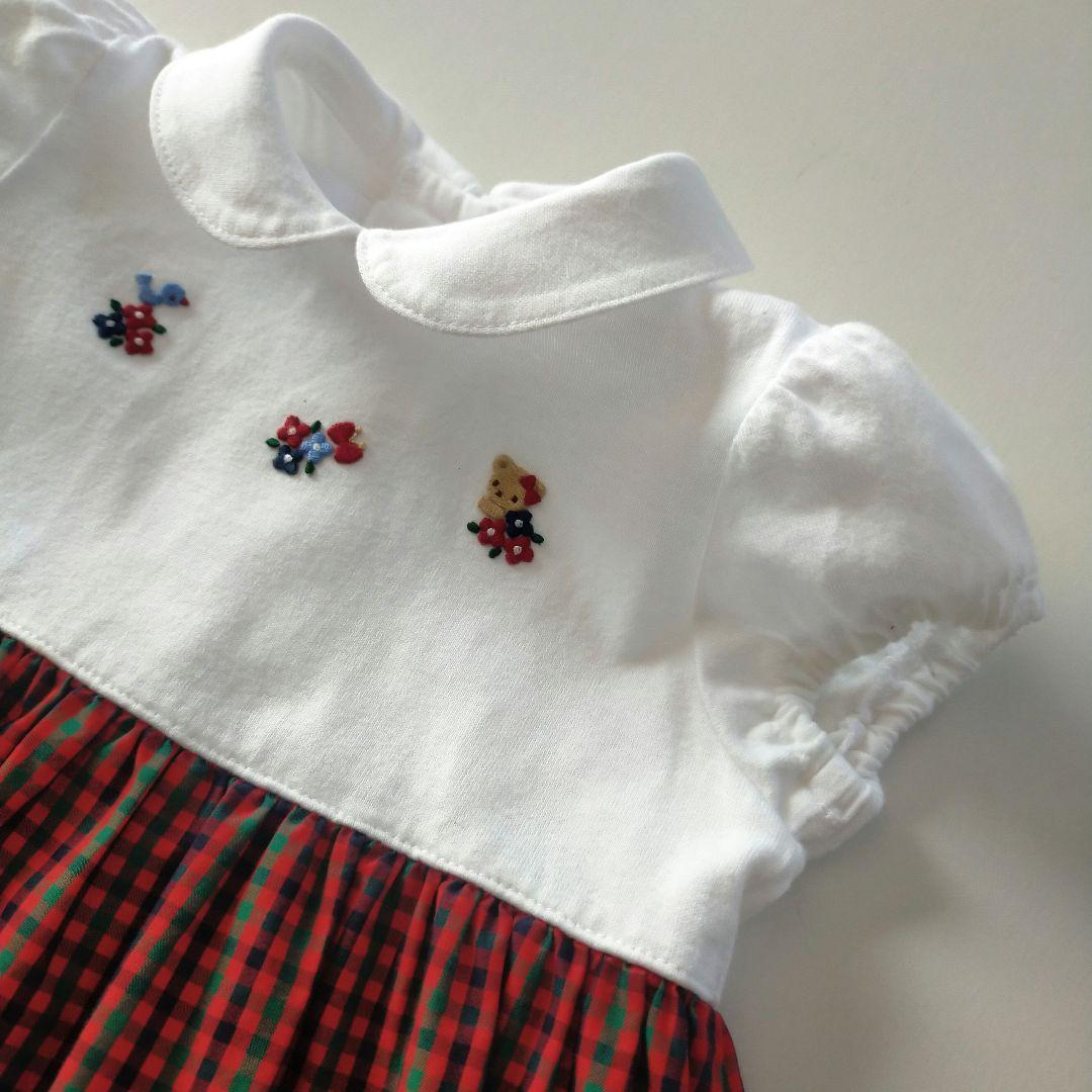 美品★現行品★80cm familiar 白×ファミリアチェック半袖ワンピース