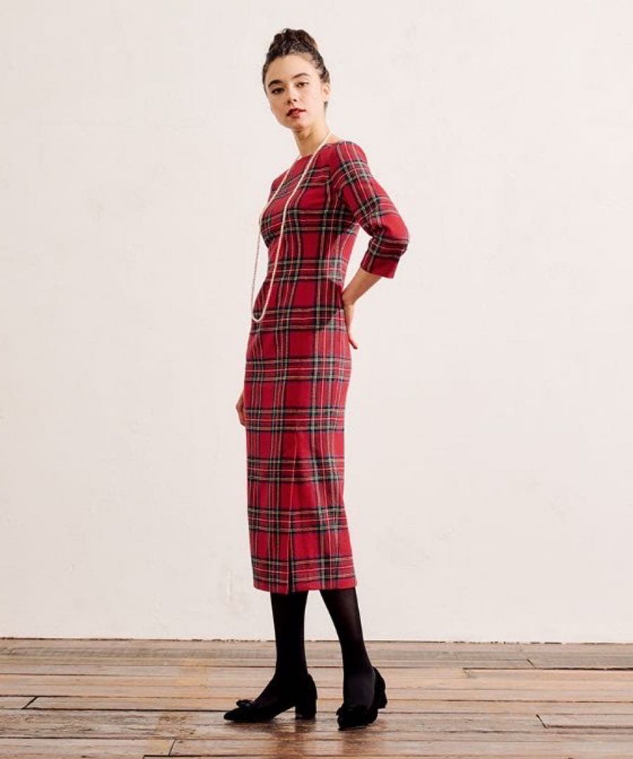 JENNE フレンチレトロチェック七分袖ワンピース M