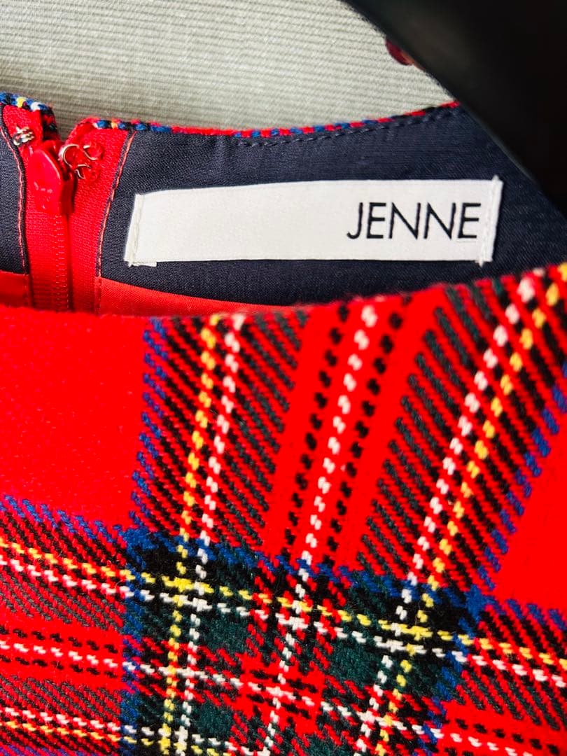 JENNE フレンチレトロチェック七分袖ワンピース M