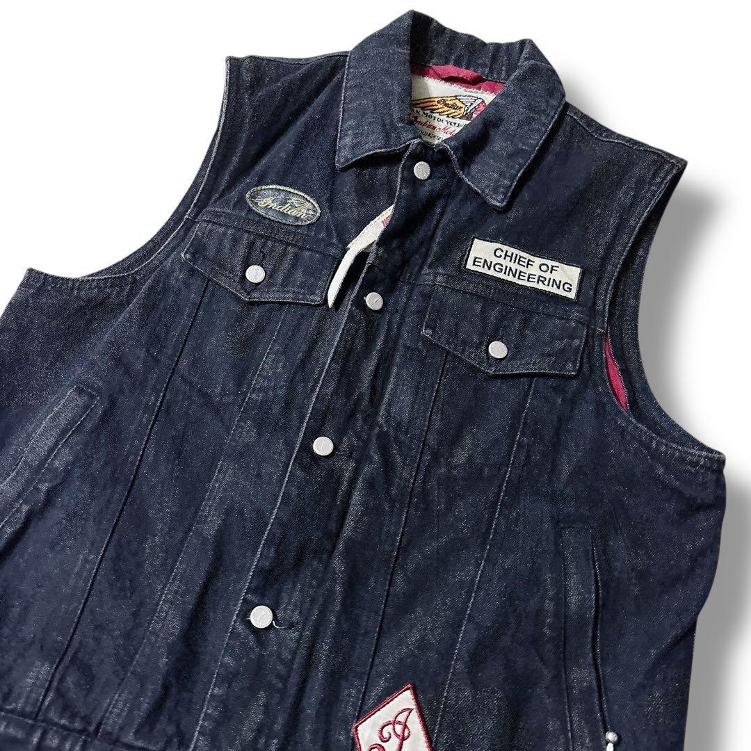 美品 INDIAN MOTORCYCLE デニム ベスト 刺繍 ワッペン レザー