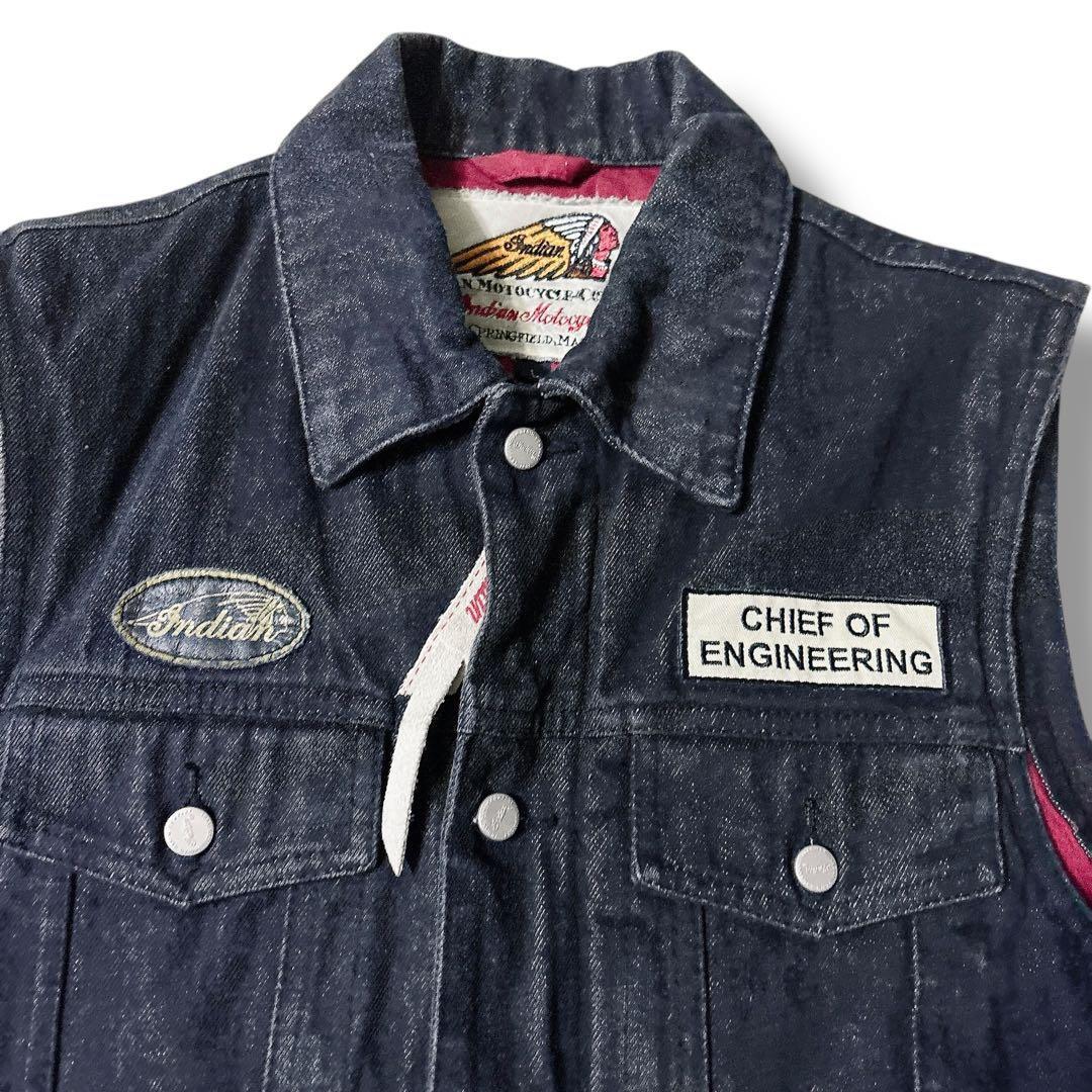 美品 INDIAN MOTORCYCLE デニム ベスト 刺繍 ワッペン レザー
