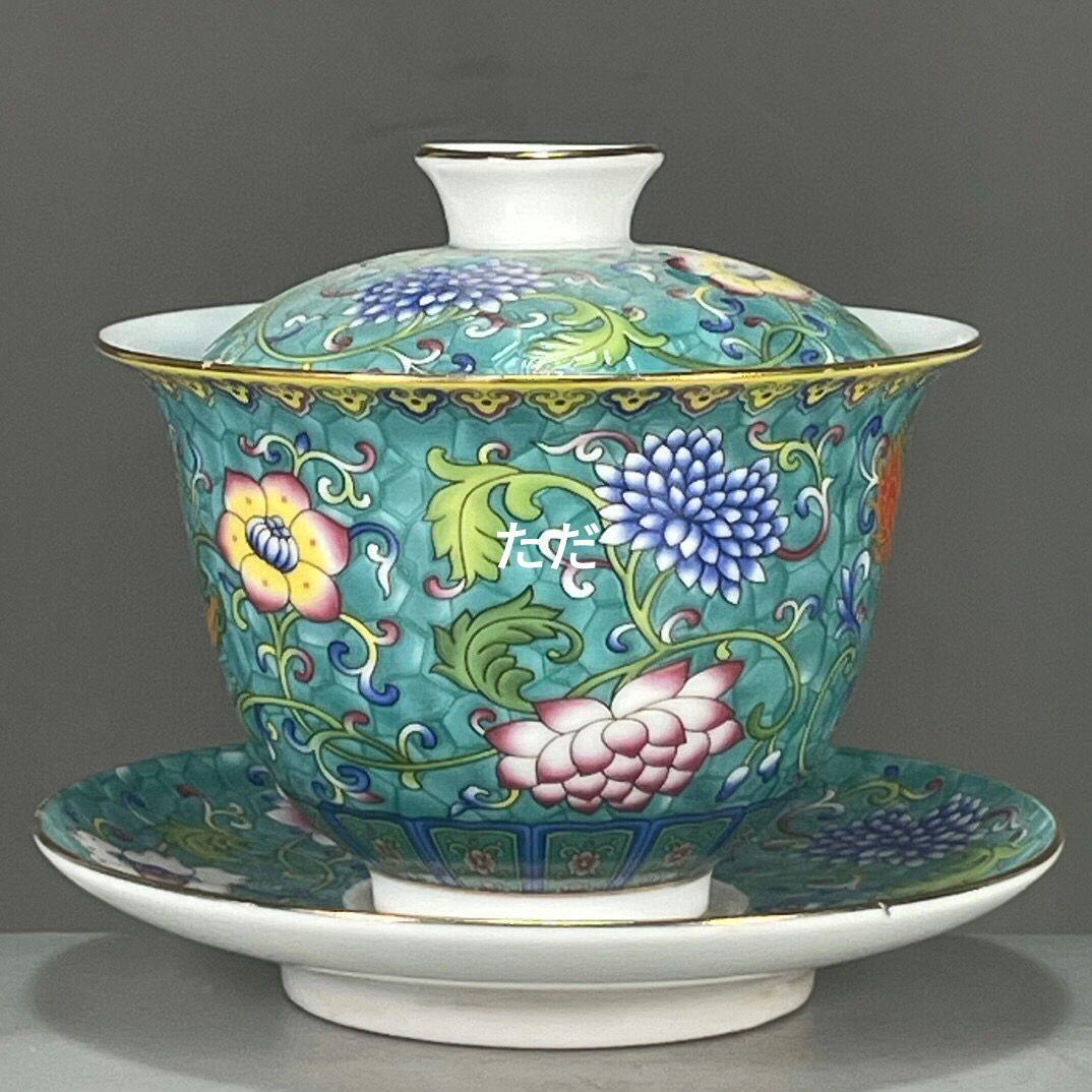 緑地に鳳紋三才蓋碗 中国茶器 景徳镇 蓋付き茶器 飲茶食器 煎茶具 未使用品