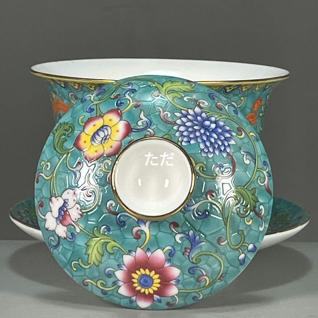 緑地に鳳紋三才蓋碗 中国茶器 景徳镇 蓋付き茶器 飲茶食器 煎茶具 未使用品
