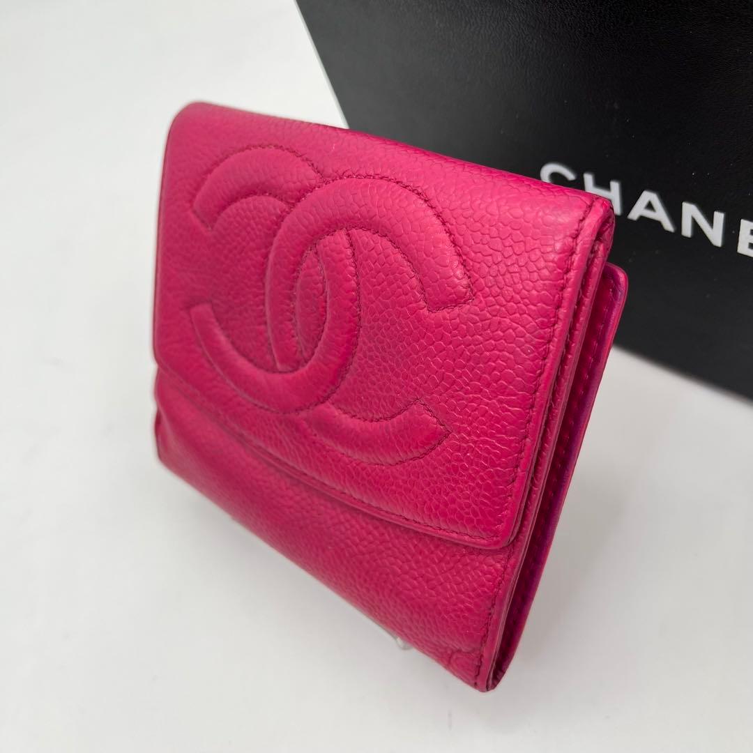CHANEL 二つ折り財布 ココマーク キャビアスキン Wホック ピンク レザー