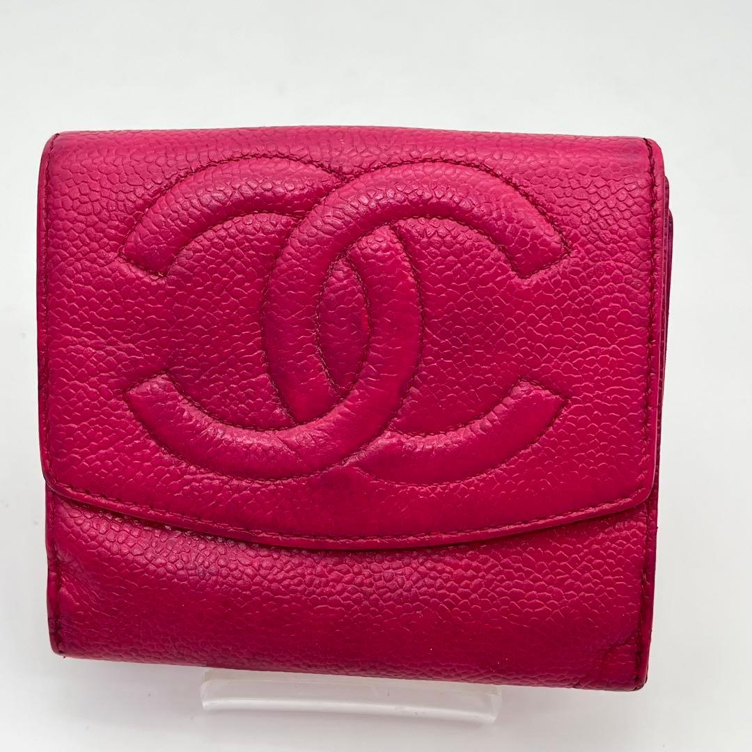 CHANEL 二つ折り財布 ココマーク キャビアスキン Wホック ピンク レザー