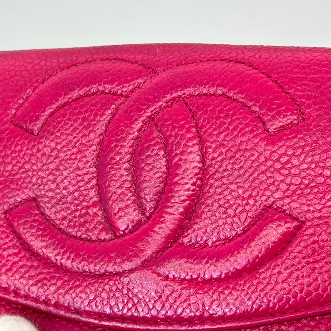 CHANEL 二つ折り財布 ココマーク キャビアスキン Wホック ピンク レザー