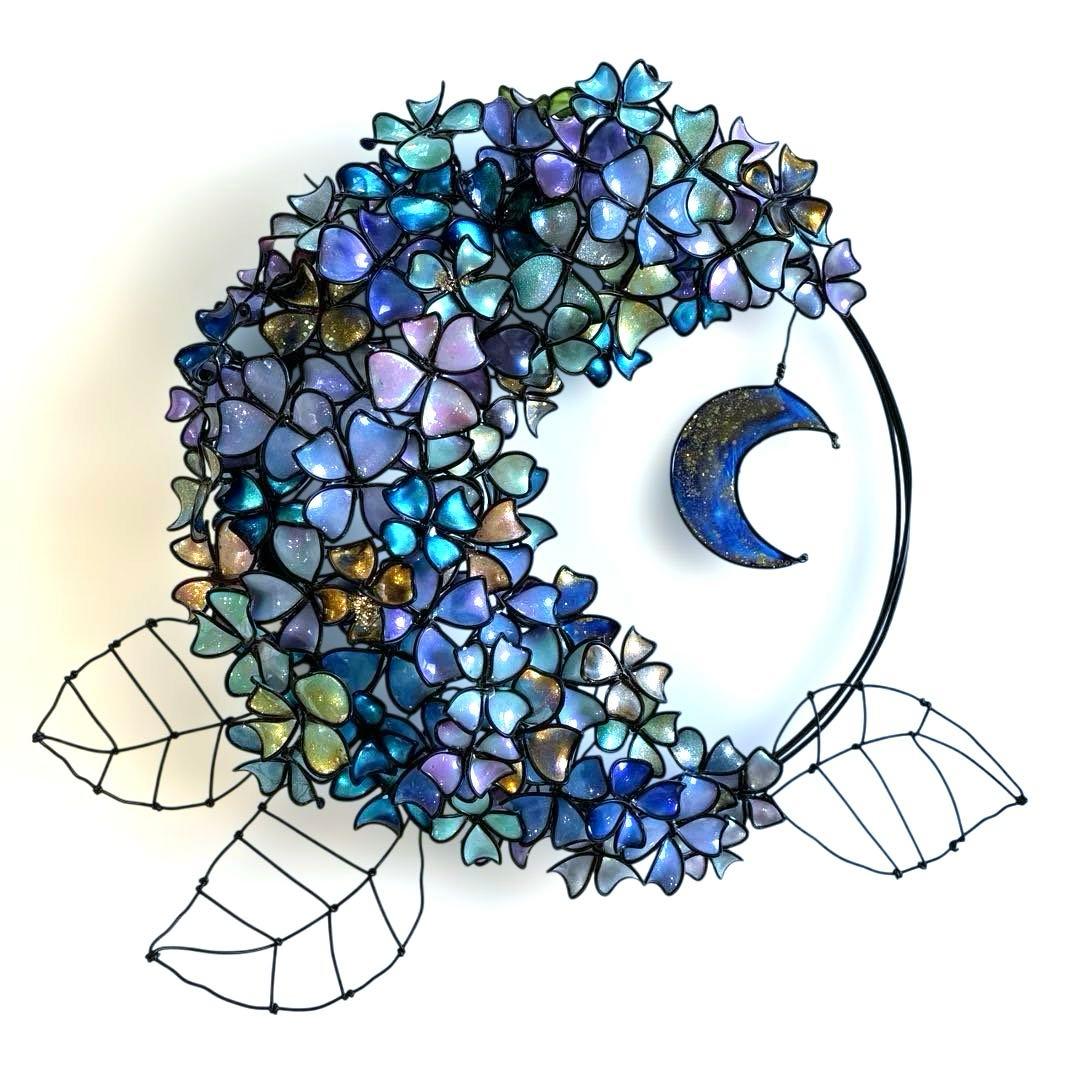 一点物　銀河　月×大きな紫陽花リース　ディップアート　アート　ワイヤークラフト