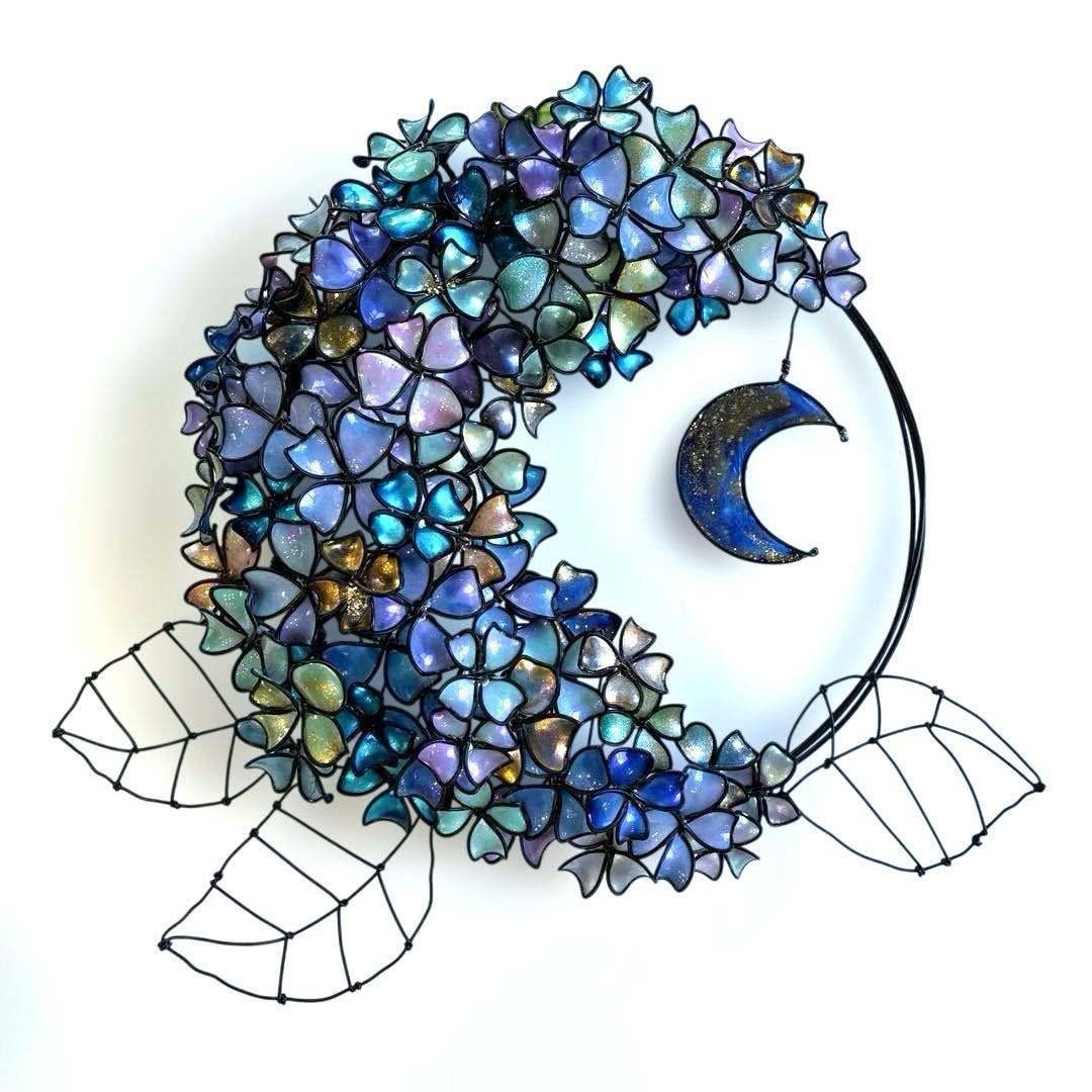 一点物　銀河　月×大きな紫陽花リース　ディップアート　アート　ワイヤークラフト