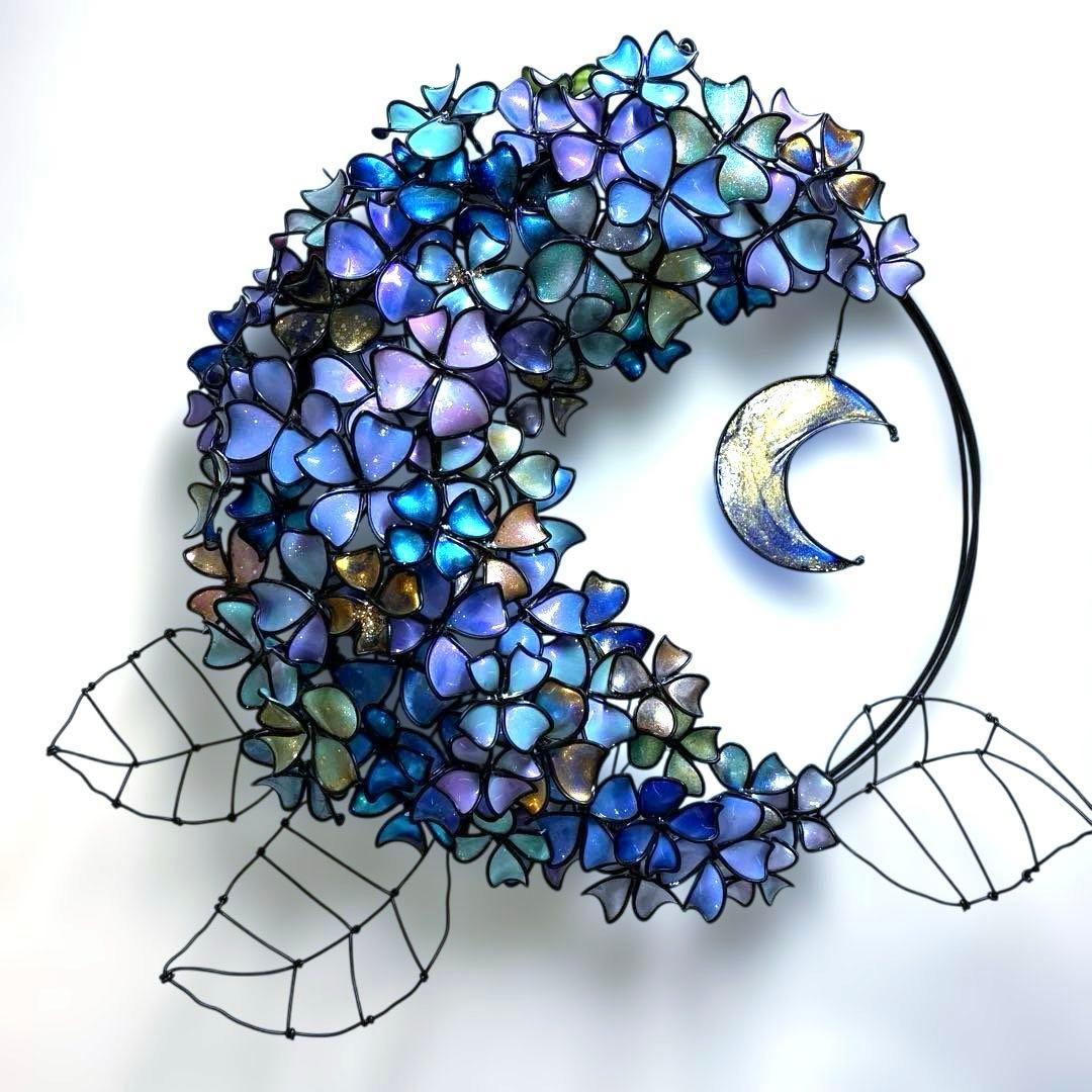 一点物　銀河　月×大きな紫陽花リース　ディップアート　アート　ワイヤークラフト